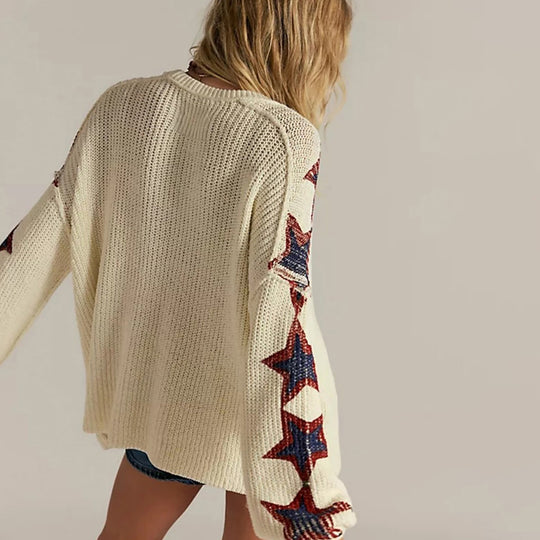Damen Oversize-Strickpullover mit V-Ausschnitt und Sternmotiven Shop Nory