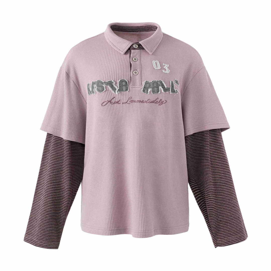 Damen Lässiges Layered-Polo-Shirt mit Rippenstruktur und gestreiften Einsatzärmeln Shop Nory