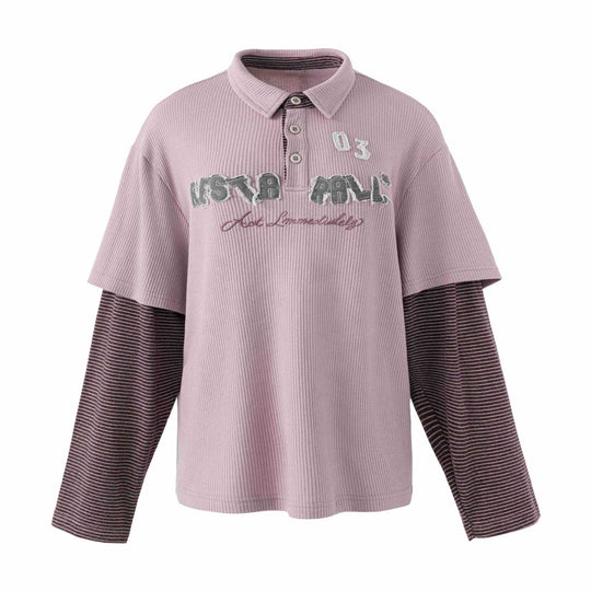 Damen Lässiges Layered-Polo-Shirt mit Rippenstruktur und gestreiften Einsatzärmeln Shop Nory