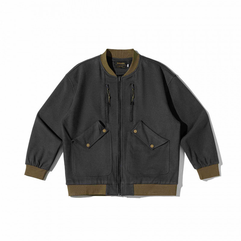 Unisex Oversize-Utilitaristische Bomberjacke mit aufgesetzten Klappentaschen, vertikalen Reißverschlüssen und gerippten Abschlüssen Shop Nory