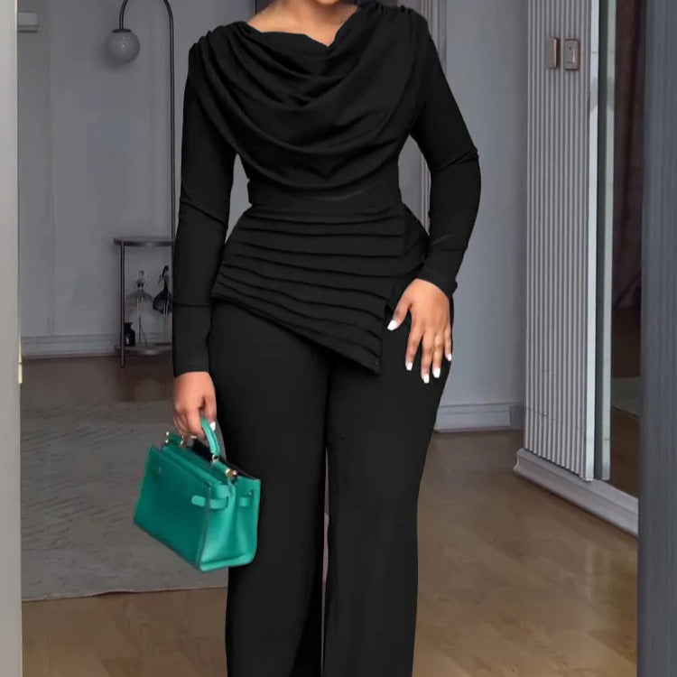 Damen Zweiteiliges Ensemble mit Wasserfall-Drapé-Oberteil, abgestuftem Peplum und gerader Bundfalten-Hose Shop Nory