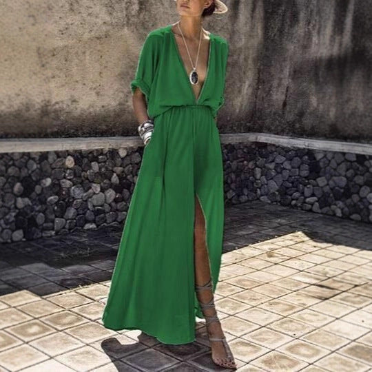 Damen Elegantes Maxikleid mit tiefem V-Ausschnitt und hohem Schlitz