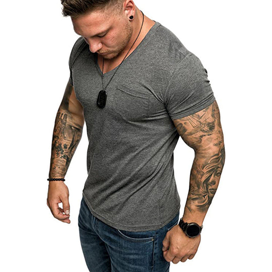 Herren V-Ausschnitt T-Shirt aus weicher Baumwolle mit Brusttasche