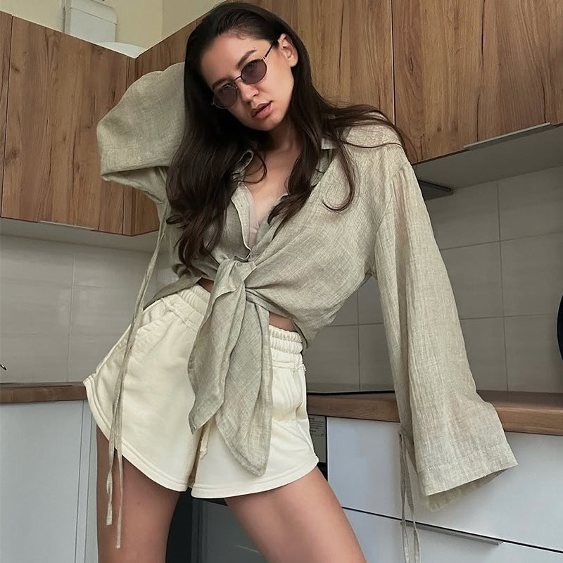 Damen lässige Leinenbluse mit bindbarem Gürtel Shopnory