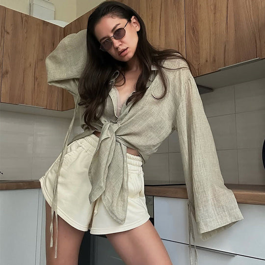Damen lässige Leinenbluse mit bindbarem Gürtel Shopnory