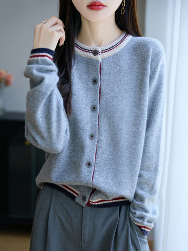 Damen Lockerer Feinstrick-Cardigan mit Kontraststreifen an Kragen und Bündchen Shop Nory