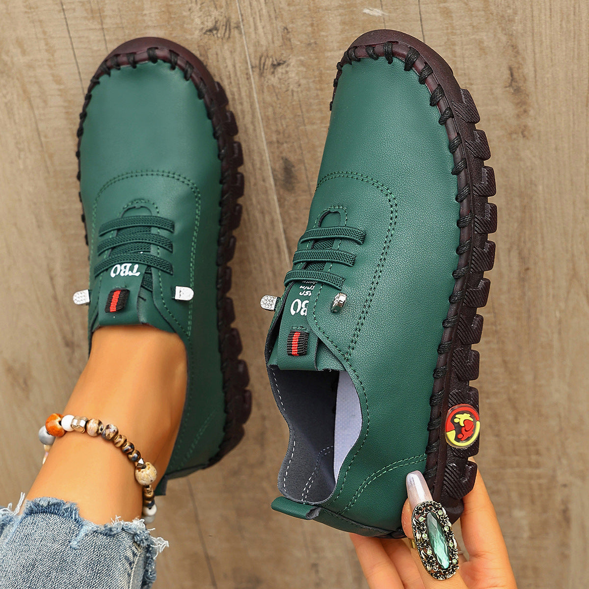 Damen Freizeit-Leder-Sneaker mit elastischen Schnürsenkeln und rutschfester Sohle