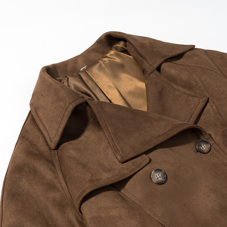 Damen Kurzer Wildleder-Trenchcoat mit Doppelreihe und Taillengürtel Shop Nory