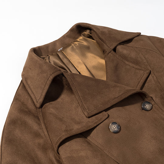 Damen Kurzer Wildleder-Trenchcoat mit Doppelreihe und Taillengürtel Shop Nory