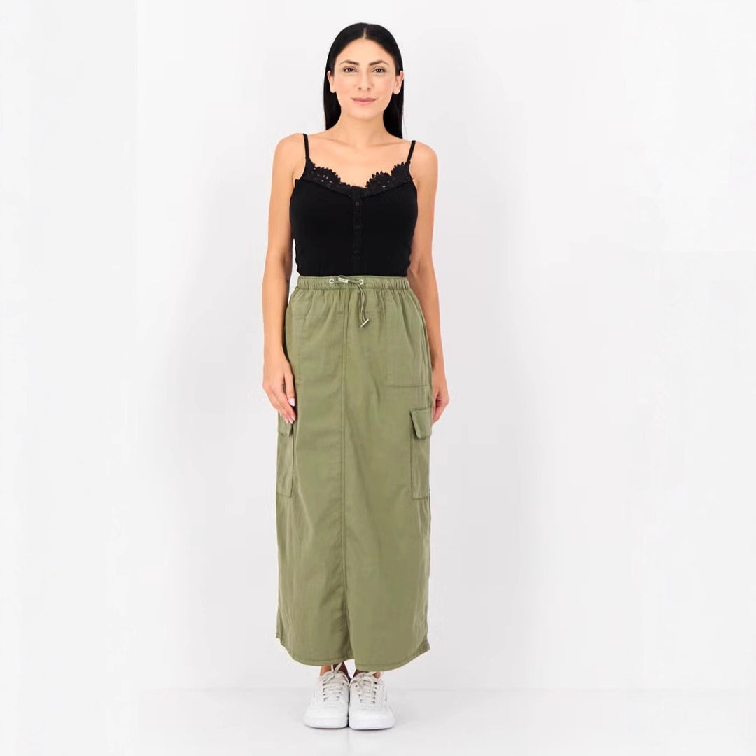 Damen Langer Cargo-Maxirock mit Tunnelzug-Bund und aufgesetzten Klappentaschen Shop Nory