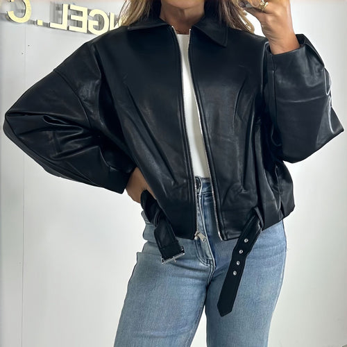 Damen Modische Kunstlederjacke mit Bauchgurt