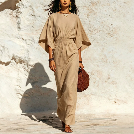 Damen Maxikleid mit Fledermausärmeln und geraffter Smock-Taillierung Shop Nory