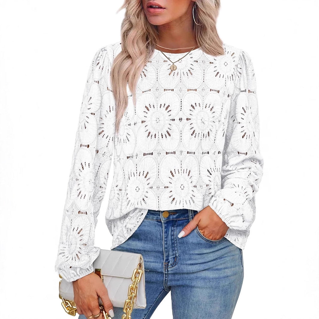 Damen Spitzenbluse mit floraler Häkelstickerei, Rundhals und langen Ballonärmeln Shop Nory