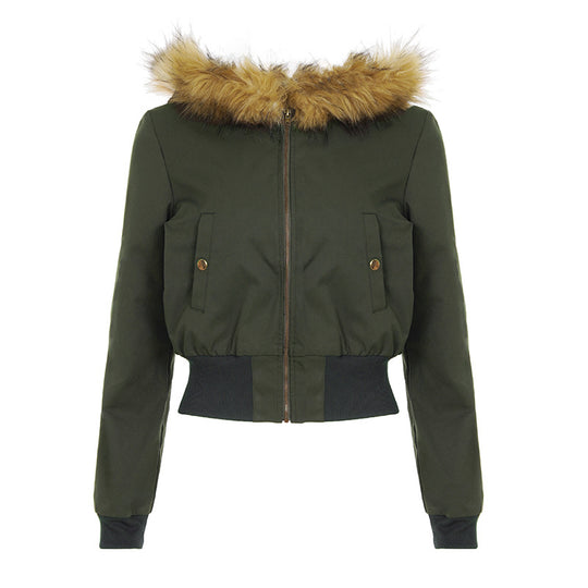Damen nan kurz geschnittene Kapuzenjacke mit Kunstfellkapuze, Reißverschluss und tailliertem Bündchen Shop Nory