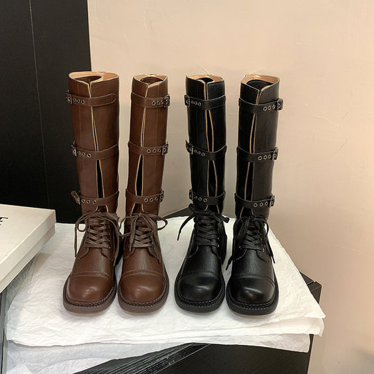 Damen kniehohe Schnürstiefel mit Zier- und Verstellschnallen Shop Nory