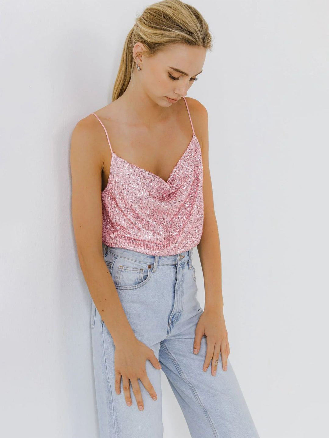 Damen Glitzerndes Spaghettiträgershirt mit V-Ausschnitt