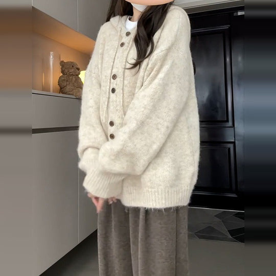 Damen Weiche Kapuzenstrickjacke mit Knopfdetails Shop Nory