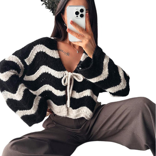 Damen Kuscheliger Kurz-Cardigan mit Zickzack-Textur, BindShop Noryand & Oversize-Ärmeln Shop Nory