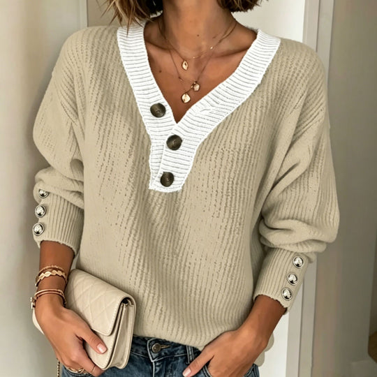 Damen Feinstrickpullover mit tiefem V-Ausschnitt, kontrastierter Knopfleiste und Zierknopf-Ärmeln Shop Nory