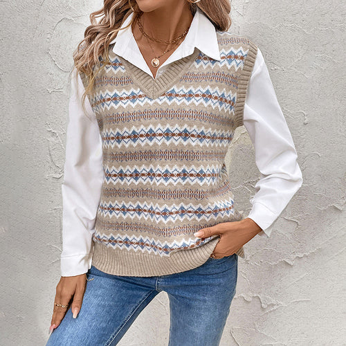 Damen Modischer Strickpullover mit V-Ausschnitt und geometrischem Muster Shop Nory