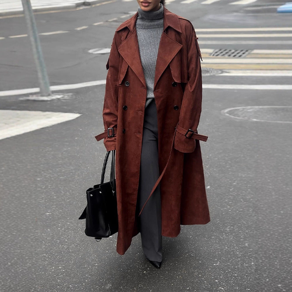Damen langer Trenchcoat aus Veloursimitat mit doppelter Knopfleiste Shop Nory