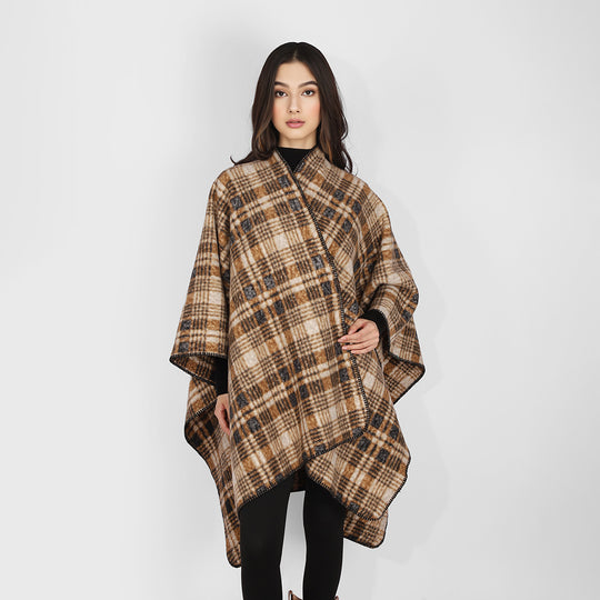 Damen Oversize Wollmix-Capeponcho im Rechteckschnitt mit Karomuster und dekorativer Kettelkante Shop Nory
