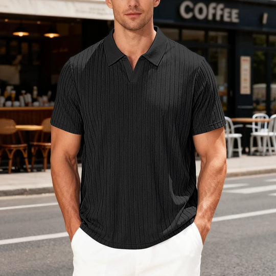 Herren Geripptes Kurzarm-Polohemd mit V-Ausschnitt und offener Kragenpartie Shop Nory