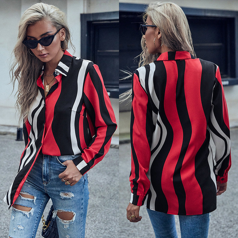 Damen Modische Langarmbluse mit Wellenmuster Shop Nory