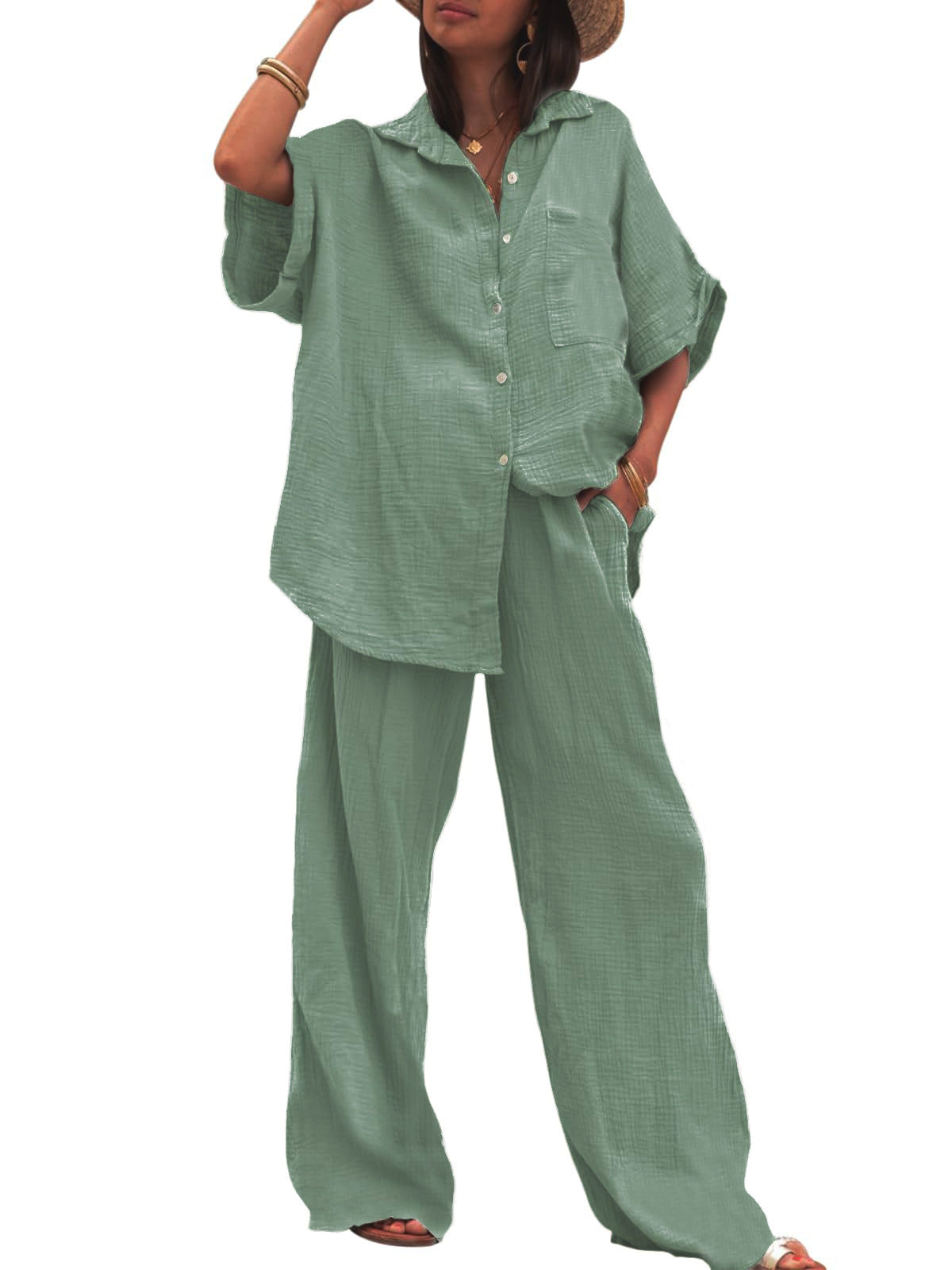 Damen Sommerliches Zweiteiler-Set mit übergroßem Hemd und weiter Hose