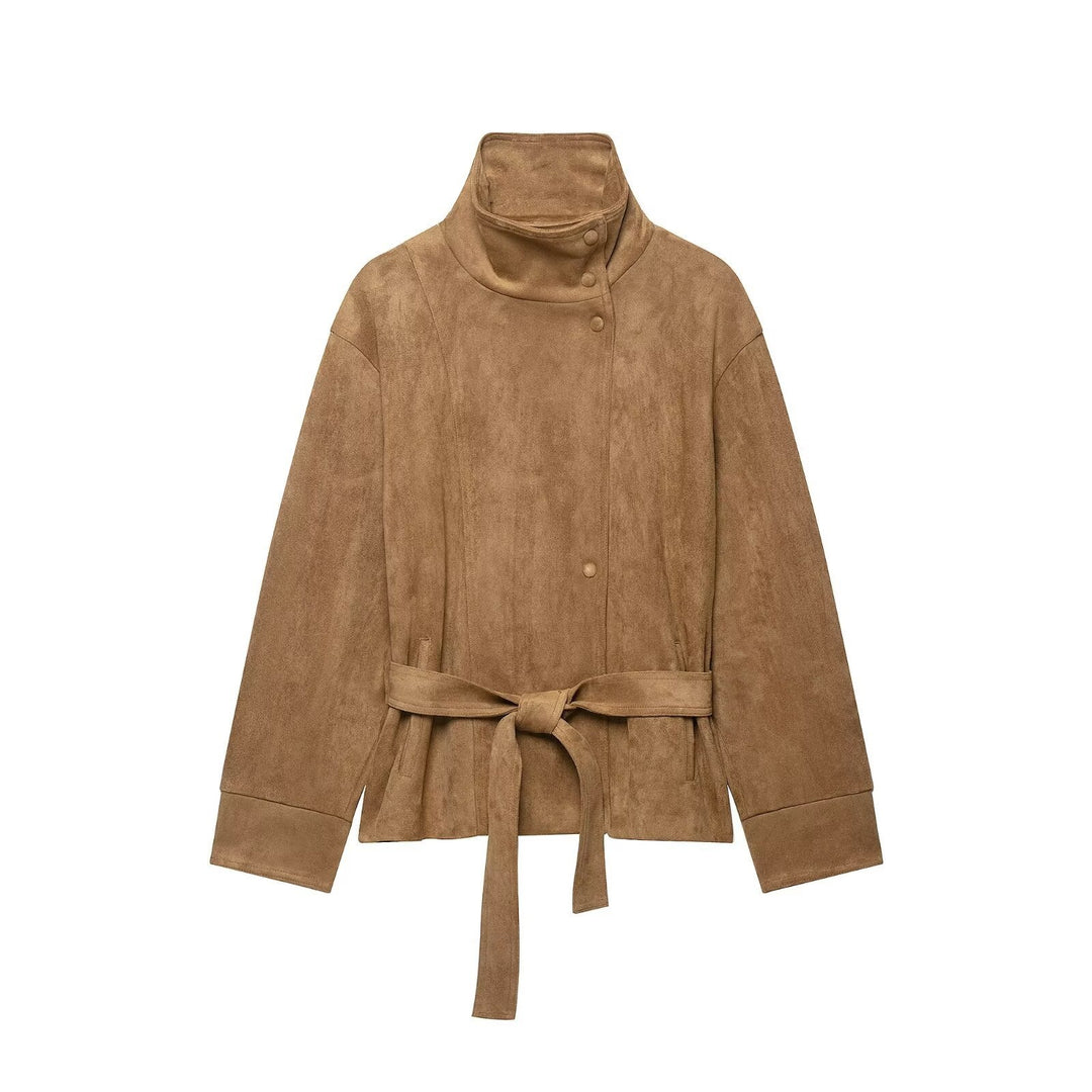 Damen Kurze Velourslederjacke mit hohem Stehkragen und Bindegürtel Shop Nory