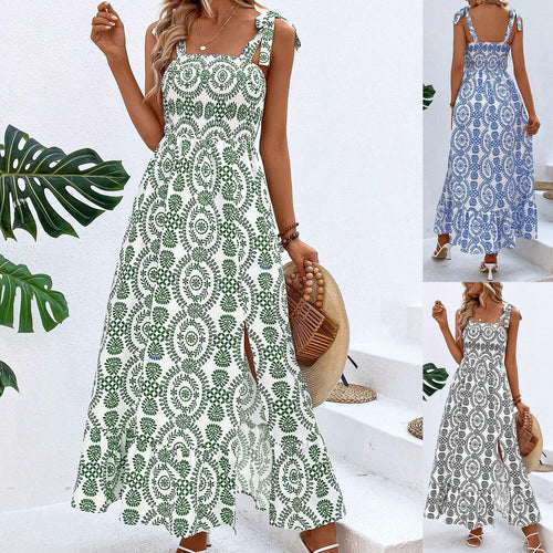 Damen Maxikleid mit Smok-Bustier, Bindeträgern und seitlichem Beinschlitz Shop Nory