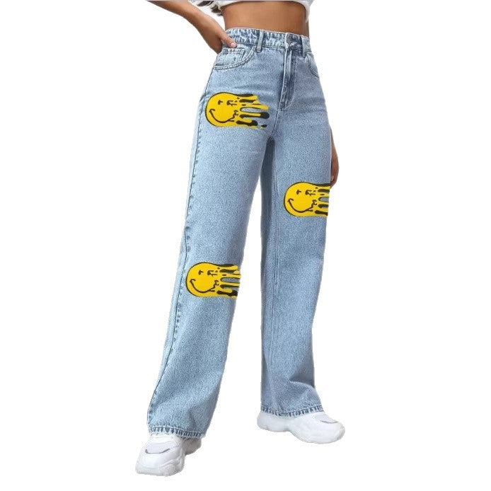 Damen hochtaillierte weite Denim-Jeans mit auffälligen Print‑Fleck‑Akzenten Shop Nory