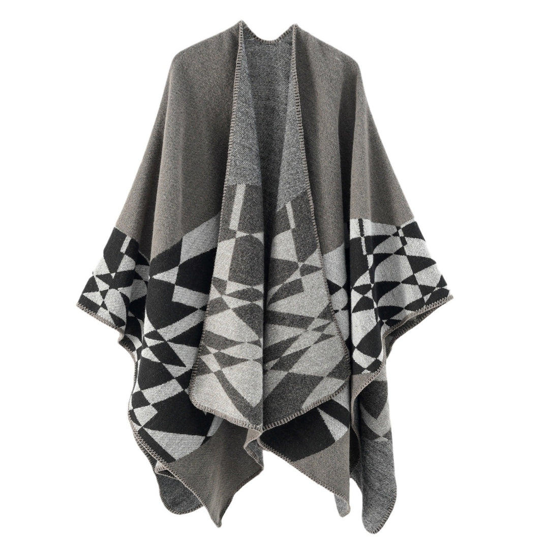 Damen Großer Strickponcho im Cape‑Schnitt mit Ziernaht und geometrischem Intarsia Shop Nory