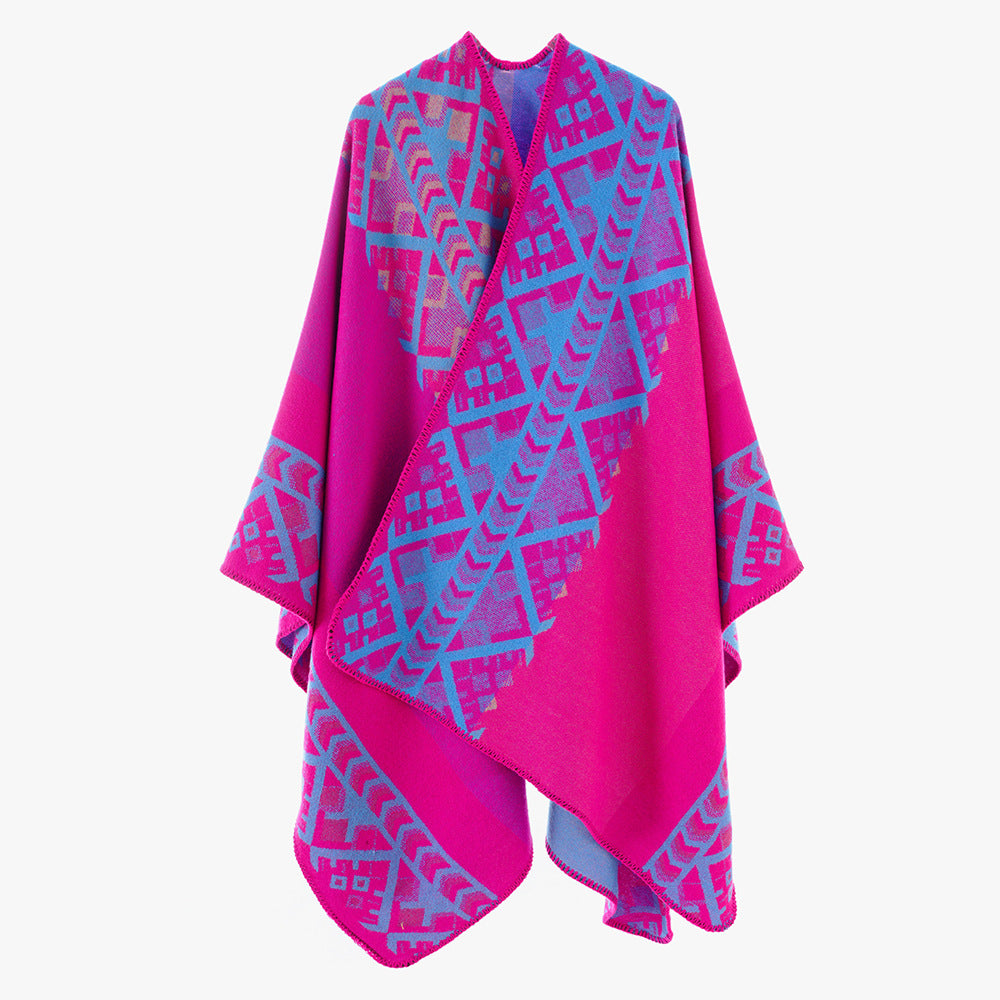 Damen Gewebter Oversize-Ruana mit Ethno-Jacquard und Zierkettelung Shop Nory