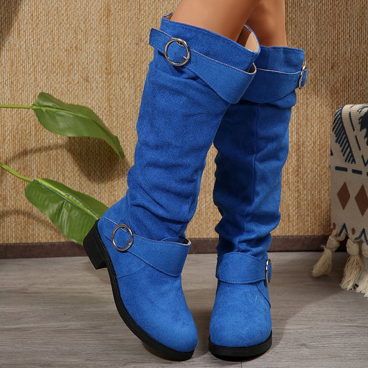 Damen Slouch-Stiefel kniehoch mit dekorativem Ringriemen und niedrigem Blockabsatz Shop Nory