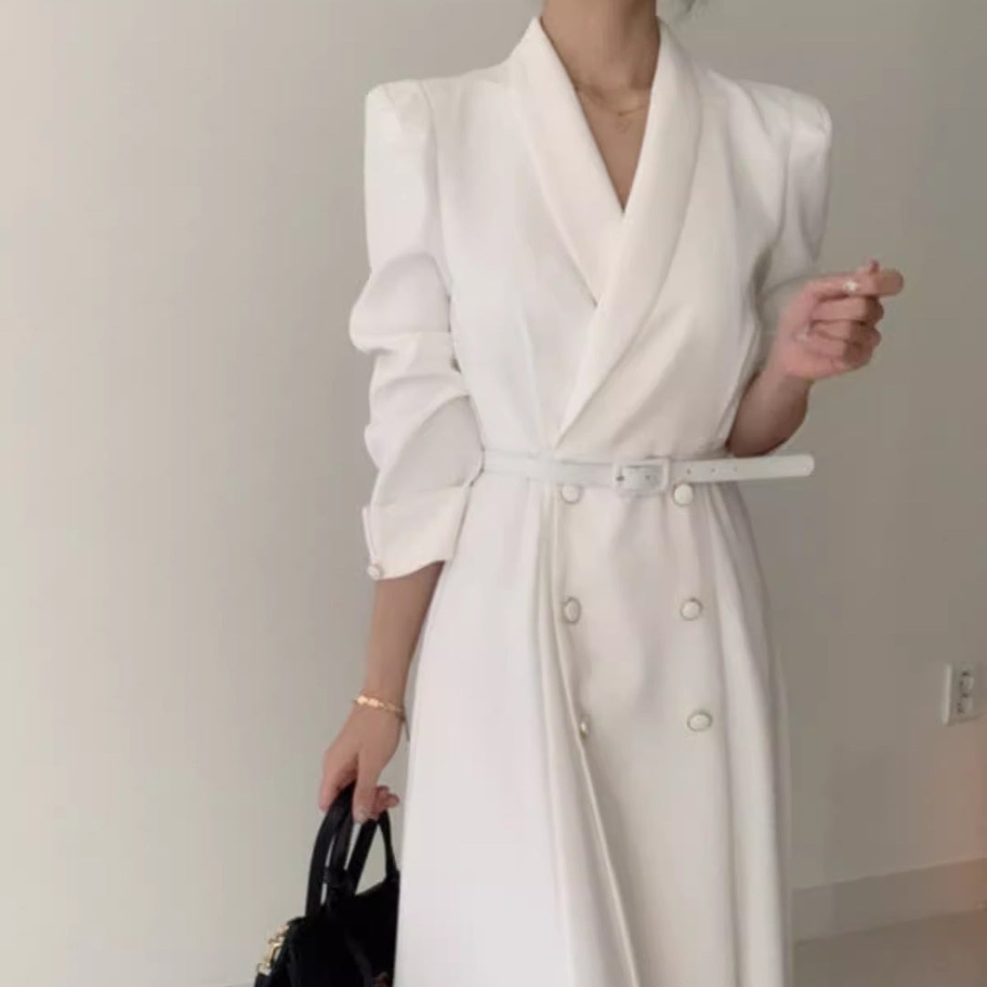 Damen Doppelreihiges Maxi‑Mantelkleid mit Taillengürtel und betonten Schultern Shop Nory
