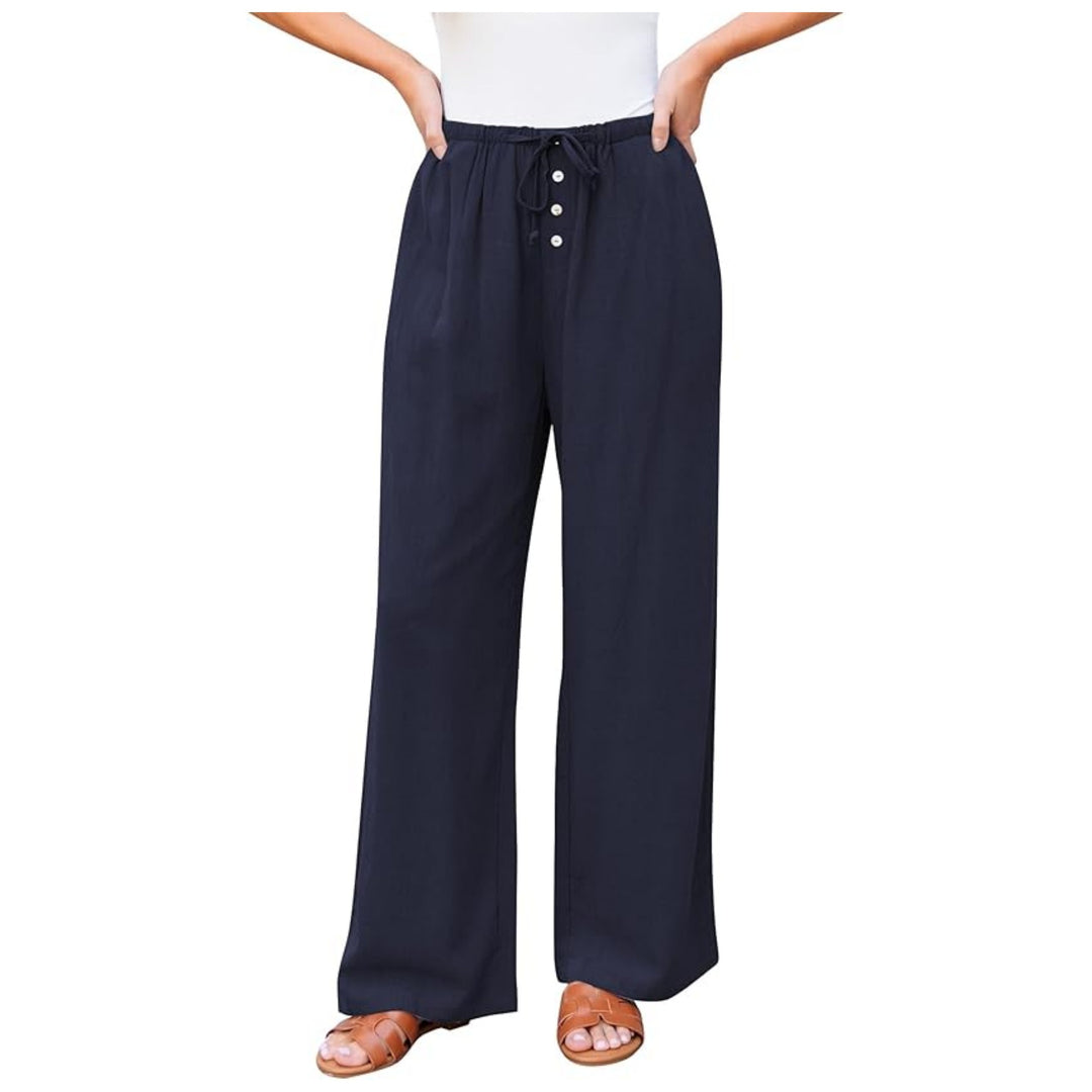 Damen Leinenoptik-Hose mit weitem Bein, Gummizug-Taille, Tunnelzug und Knopfdetail Shop Nory