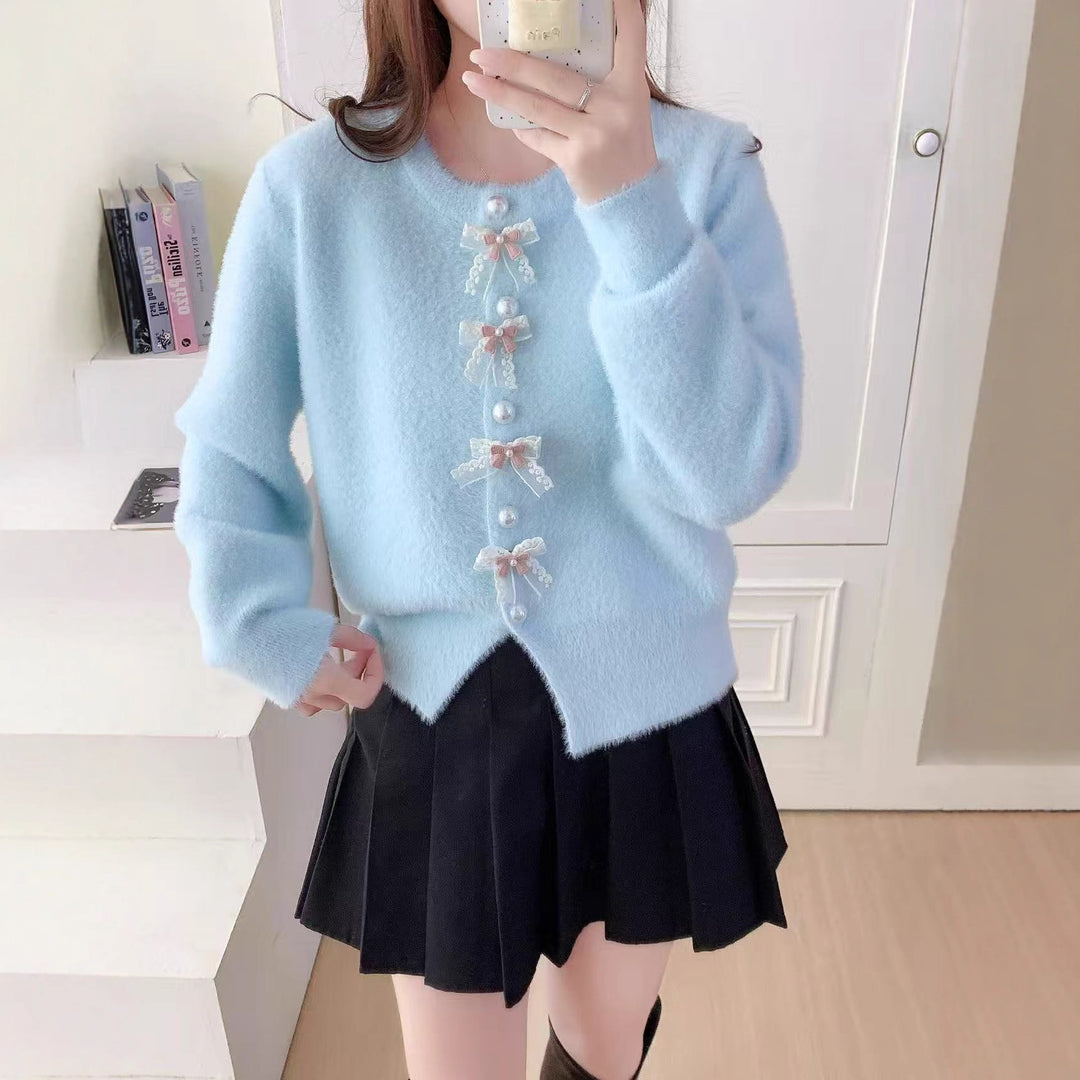 Damen Flauschige Strickjacke mit Perlen und Rüschendetails Shop Nory