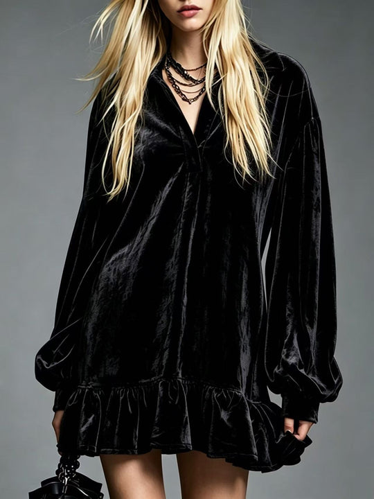 Damen Samt-Minikleid mit Volant-Saum, Ballonärmeln und Hemdkragen Shop Nory