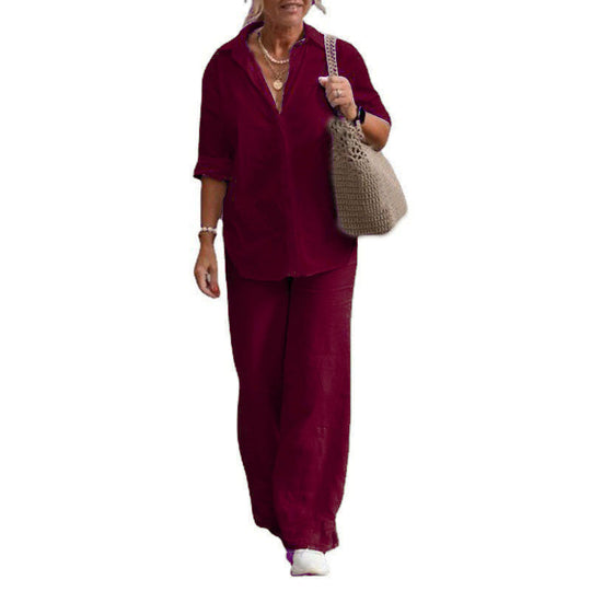 Damen Leichtes Leinen-Optik Zweiteiler mit Oversize-Hemd und weiter Palazzohose Shop Nory