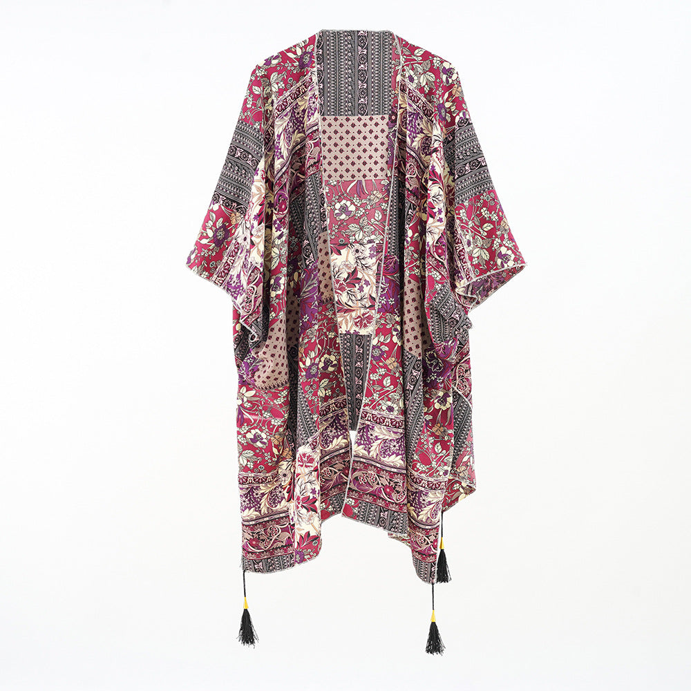 Damen Kaftan-Überwurf mit Patchwork-Blumenprint und Quasten Shop Nory