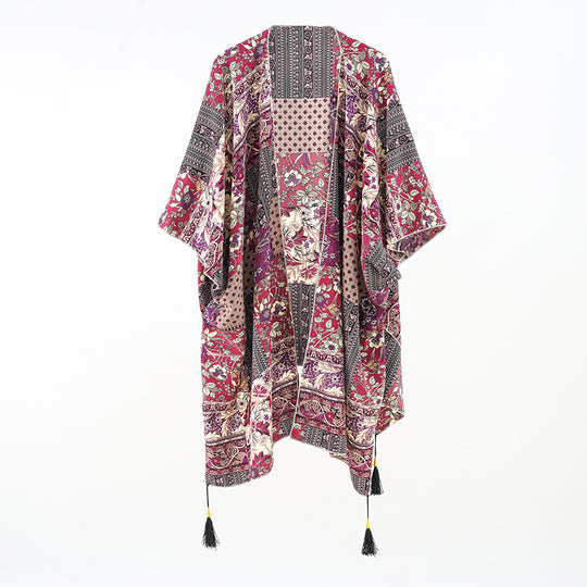 Damen Kaftan-Überwurf mit Patchwork-Blumenprint und Quasten Shop Nory