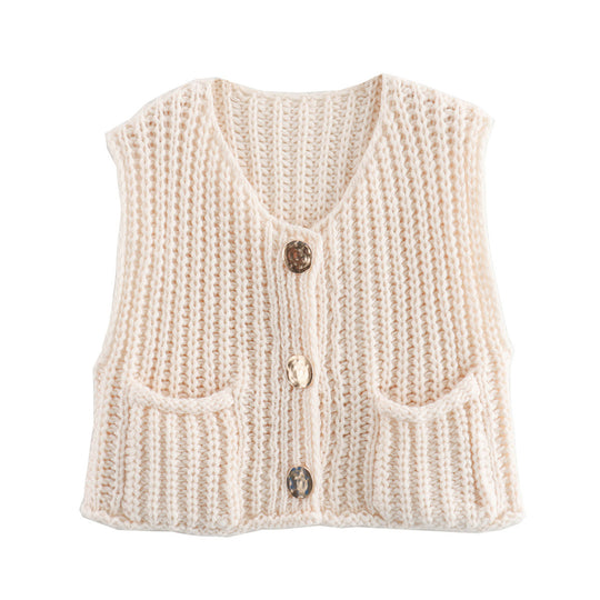 Damen Grobgestrickte Cropped Weste mit V-Ausschnitt und goldenen Zierknöpfen Shop Nory