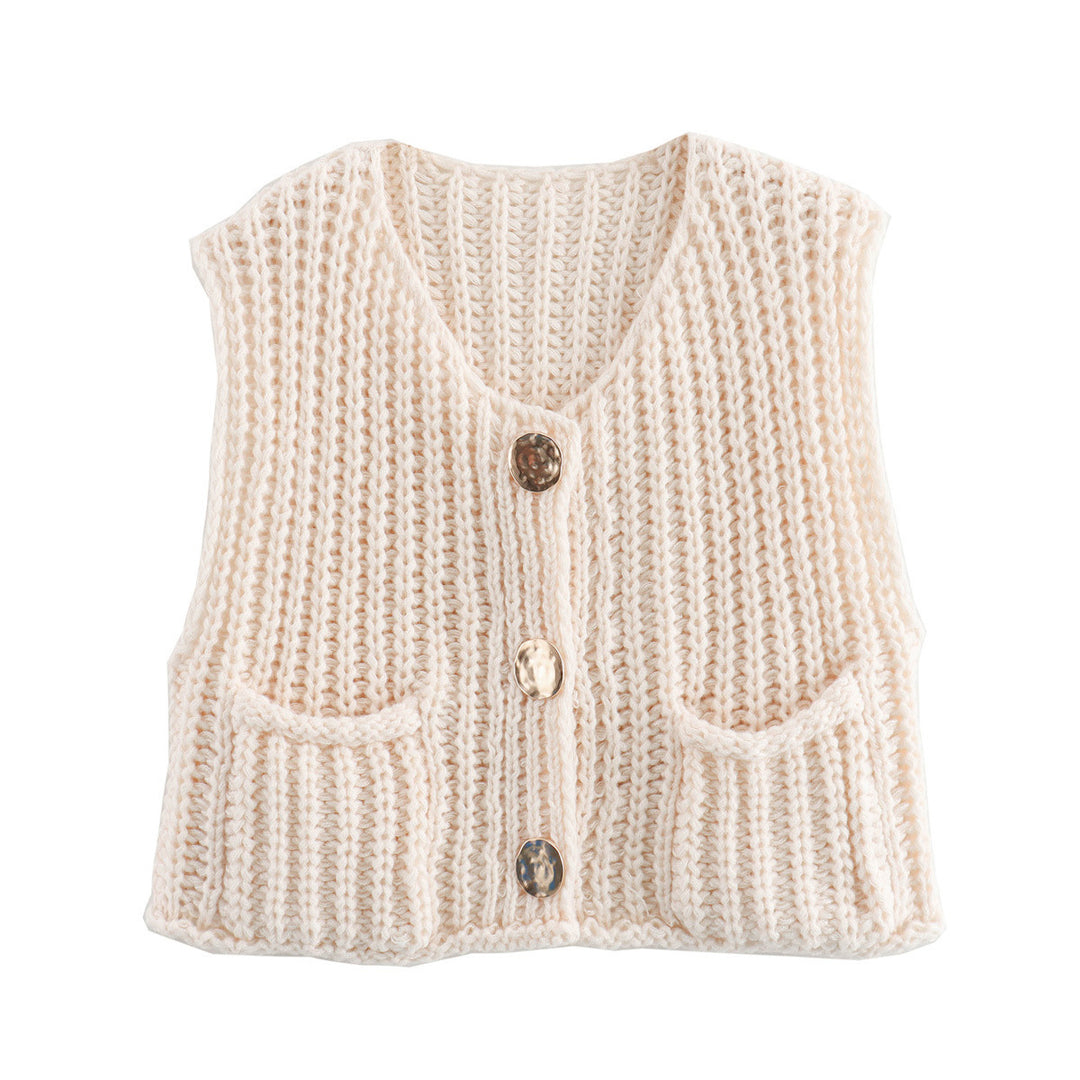 Damen Kurzgeschnittene Ärmellose Strickweste mit V-Ausschnitt und Zierknöpfen Shop Nory