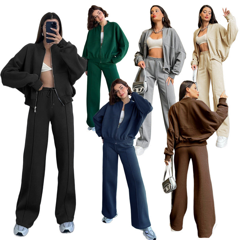 Damen Oversized Zip-Hoodie-Set mit Cropped Top und weiter Naht-Sweathose Shop Nory