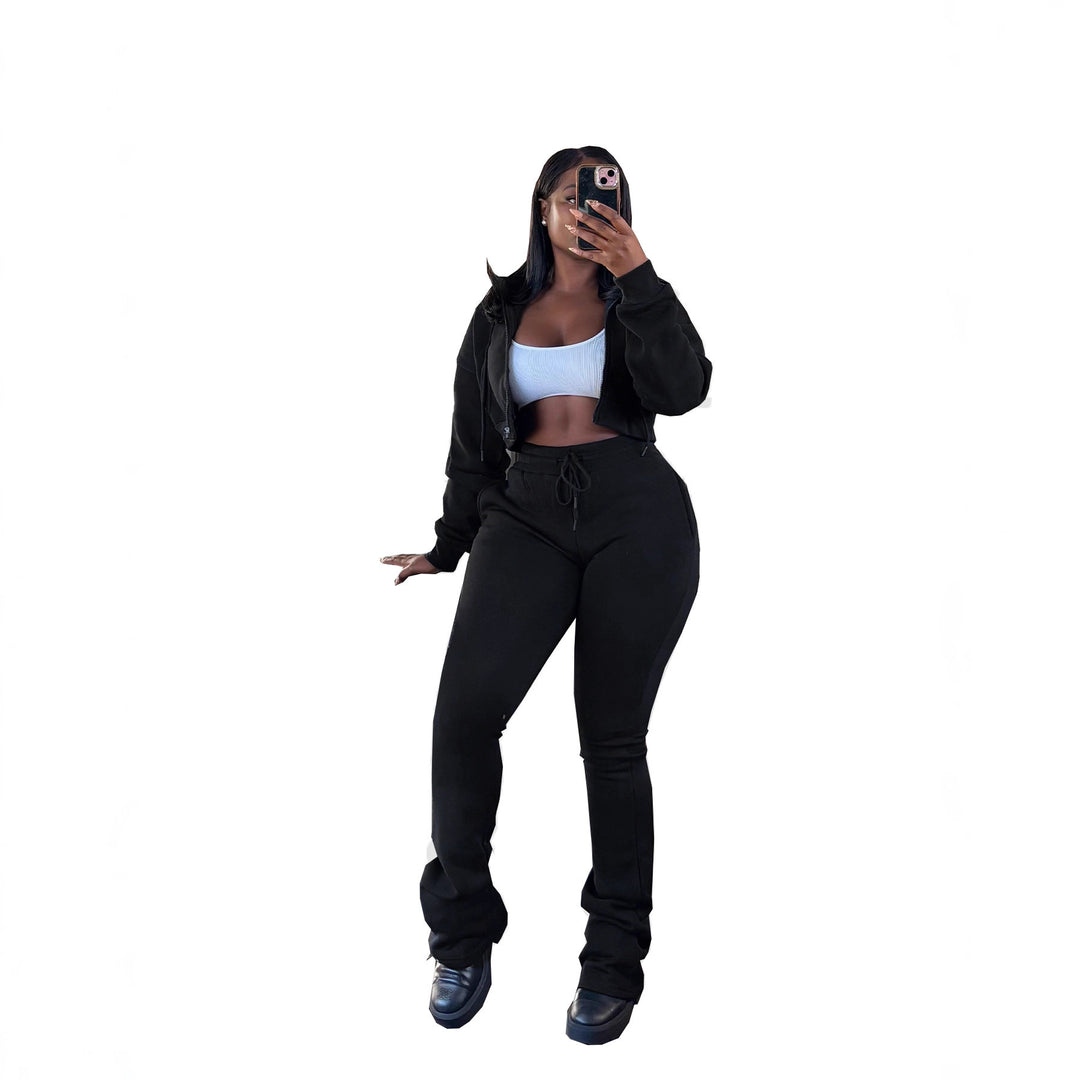 Damen nan kurz geschnittenes Zip-Hoodie und Highwaist-Jogginghose-Set mit Kordelzug und leicht gerafften Knöchelabschlüssen Shop Nory