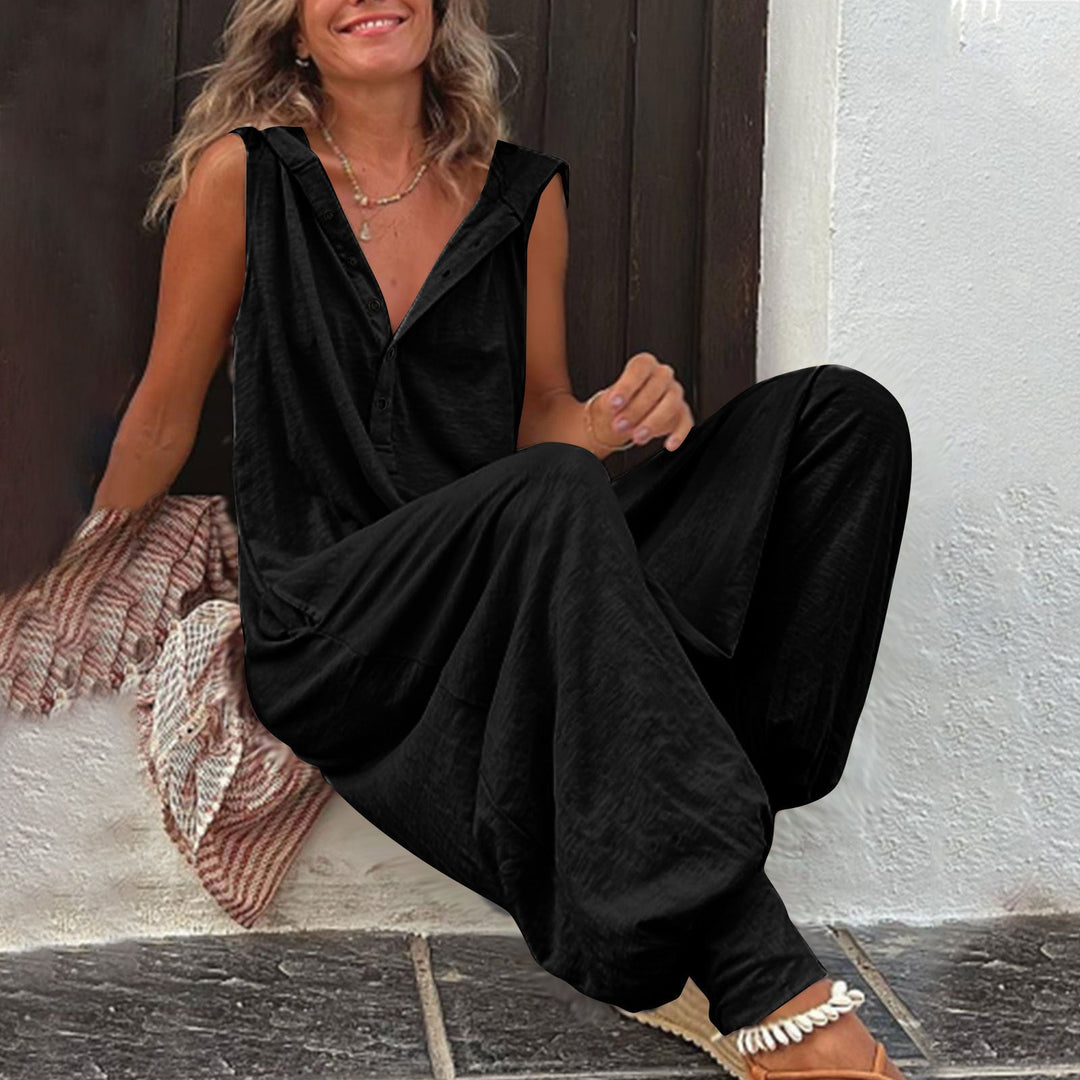 Damen Lässiger Jumpsuit mit Kapuze und Knopfverschluss
