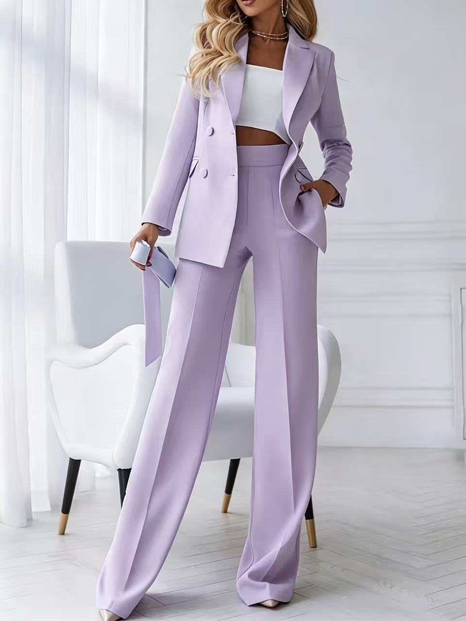 Damen Zweiteiliger Business-Hosenanzug mit tailliertem Zweireiherblazer und High-Waist Palazzo-Hose Shop Nory