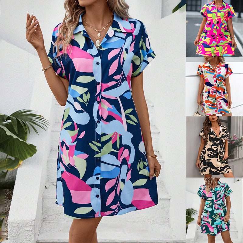 Damen Lockeres Hemdblusenkleid mit Knopfleiste, Reverskragen und floralem Print Shop Nory