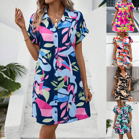 Damen Lockeres Hemdblusenkleid mit Knopfleiste, Reverskragen und floralem Print Shop Nory